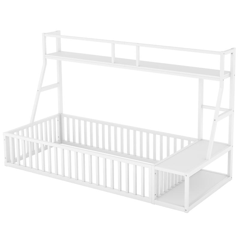 (Twin/Full) Size Floor Bed Frame with Safety Fence, Metal Floor Bed with Desk and Storage Shelves, (White/Black )