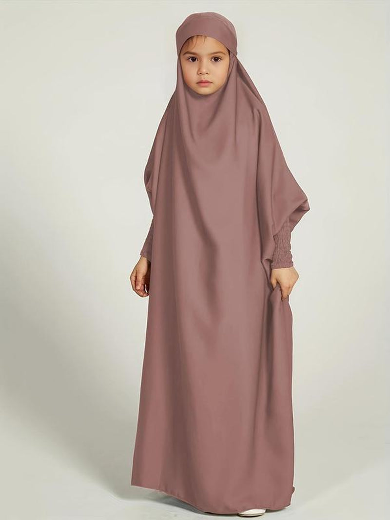 Girl'S Solid Batwing Sleeve Tie Back Hoodie Abaya Dress, Modest Outfits, Casual Long Sleeve Elastic Cuff Loose Dress for Kids, Summer Outfits 2024, Kids Clothing for Summer