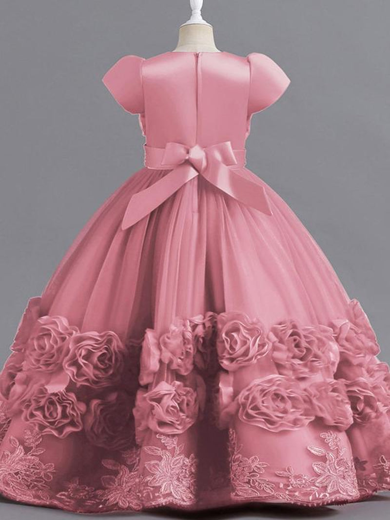 Girl'S Floral Appliques Faux Pearls Decor Bow Decor Tulle Dress, Elegant Short Sleeve round Neck a Line Dress for Party Evening, Kids Clothes for All Seasons