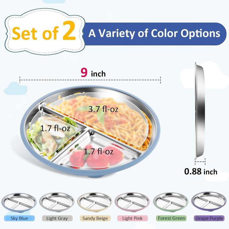 Stainless Steel Toddler Plate with Suction, 9” Divided Plates with Removable Silicone Sleeves for Kids, Non Toxic & BPA Free | Non Slip | Unbreakable Baby Snack Dishes Set of 2, Blue & Gray