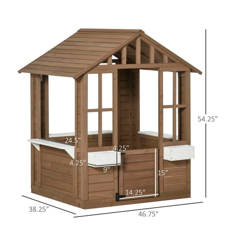 Outsunny Playhouse for Kids Outdoor, Country Style Wooden Playhouse with Flower Pot Holders, Working Door, Windows, Service Stations for 3-7 Years