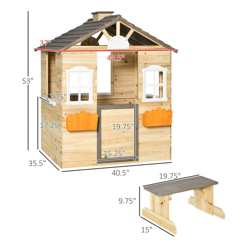 Outsunny Playhouse for Kids Outdoor, Country Style Wooden Playhouse with Flower Pot Holders, Working Door, Windows, Service Stations for 3-7 Years