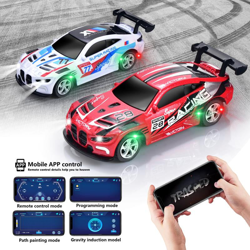 Hotfree 1/64 Mini RC Drift Car, Alloy M4 Racing Car with Trailer, 2.4Ghz Remote & APP Control, 3-Speed Modes, LED Lights, USB-C Charging, Indoor & Outdoor Toy, Birthday Christmas Gift for Kids & Adults Springtok