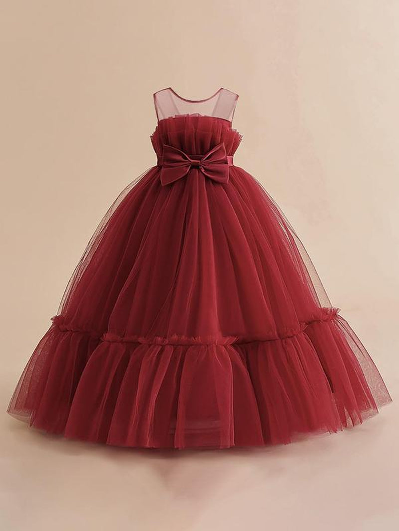 Girl'S Bow Front Sheer Ruffle Hem Fit and Flare Dress, Elegant Sleeveless round Neck Maxi Dress for Party Wedding Guest, Kids Clothes for All Seasons