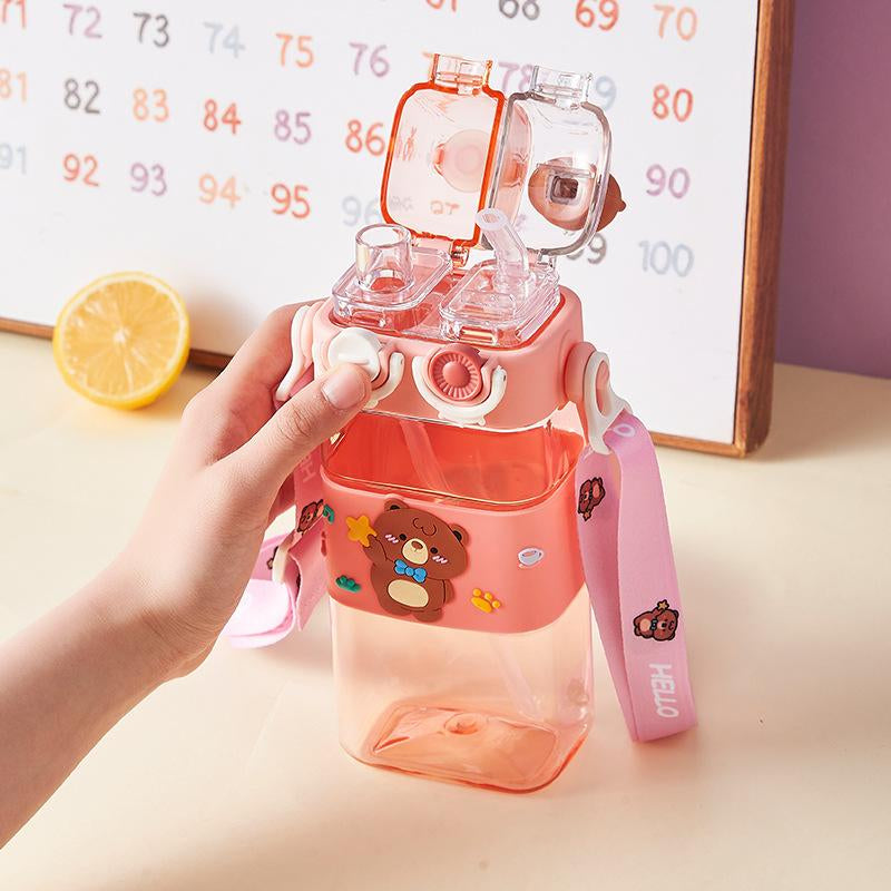 Cartoon Pattern Children'S Drinking Cup 1 Large Capacity Water Bottle Two Drinking Methods Home Office School Drinking Cup with Straw Lanyard Children'S Gift