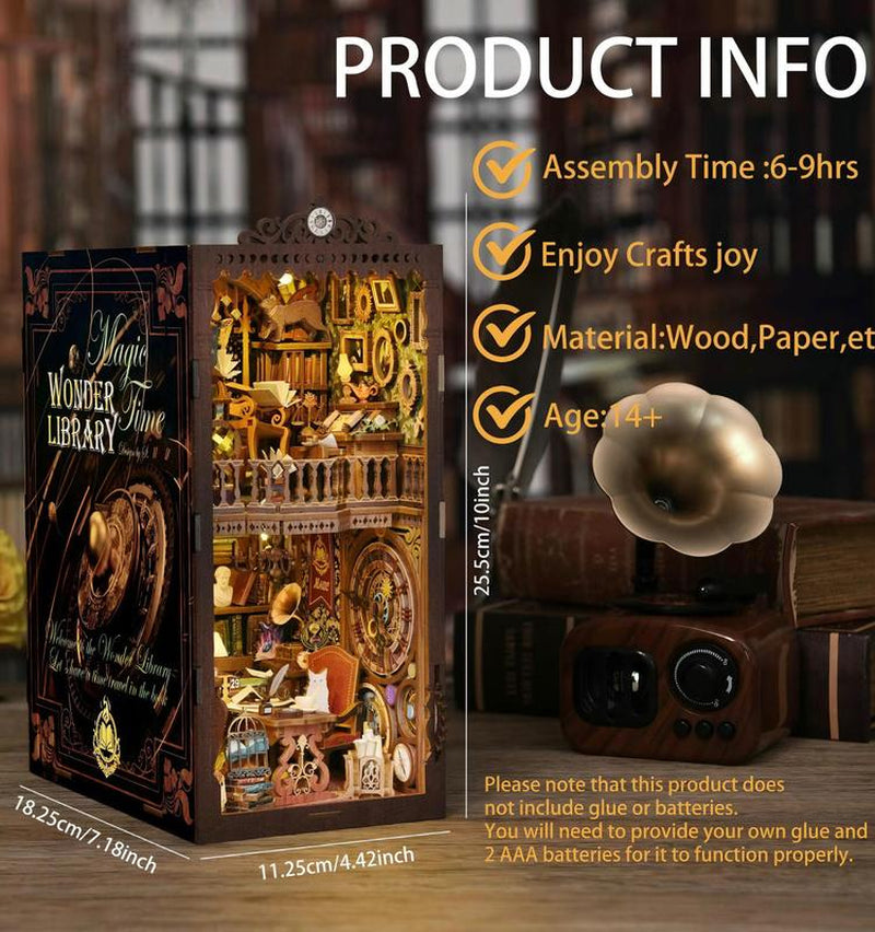 DIY Wooden Miracle Library Book Corner Kit, 1 Miniature Glowing Dollhouse Puzzle, Creative Gift Weix for Friends & Family, Glue & Electric Dust Cover Included ... Wooden Book Nook Kit Woodwork