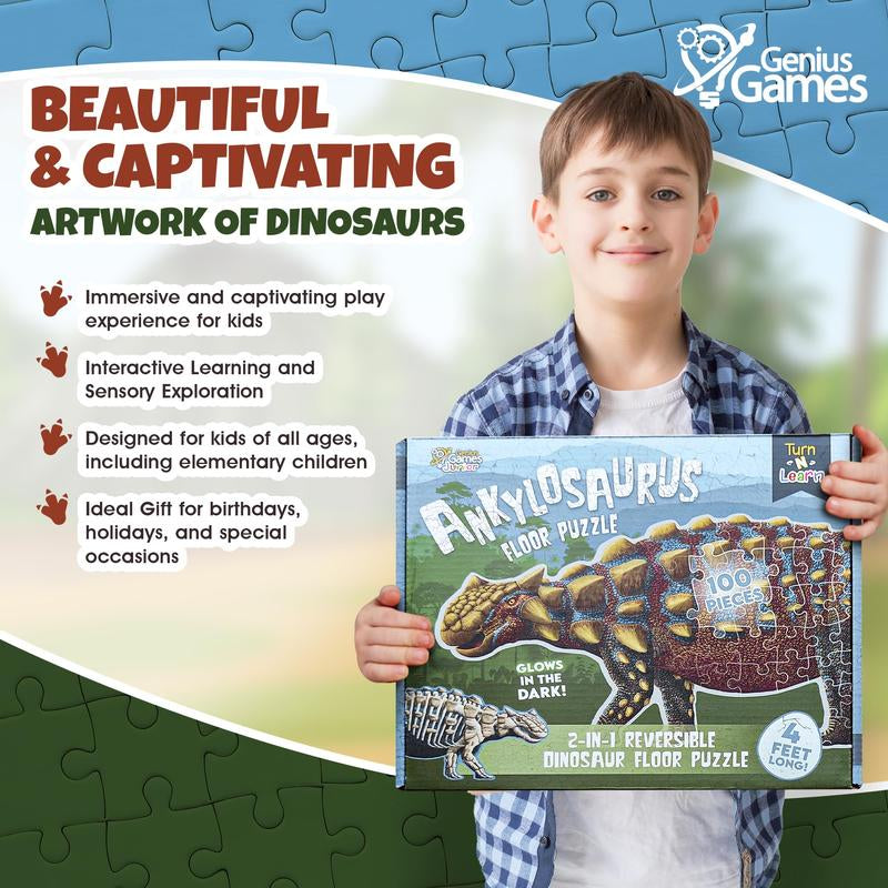 Ankylosaurus Dinosaur Jigsaw Puzzle | 100-Piece Double Sided Floor Puzzle with Glow-In-The-Dark Skeleton on Other Side | 4 FT Scientifically Accurate Dino Illustration | Educational Toy for Kids