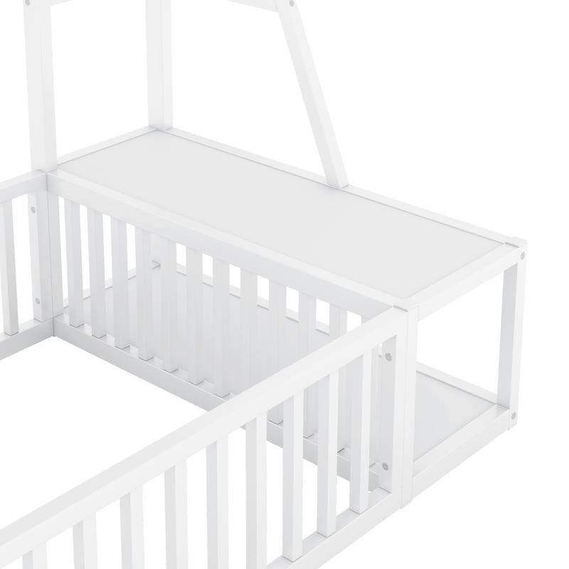 (Twin/Full) Size Floor Bed Frame with Safety Fence, Metal Floor Bed with Desk and Storage Shelves, (White/Black )