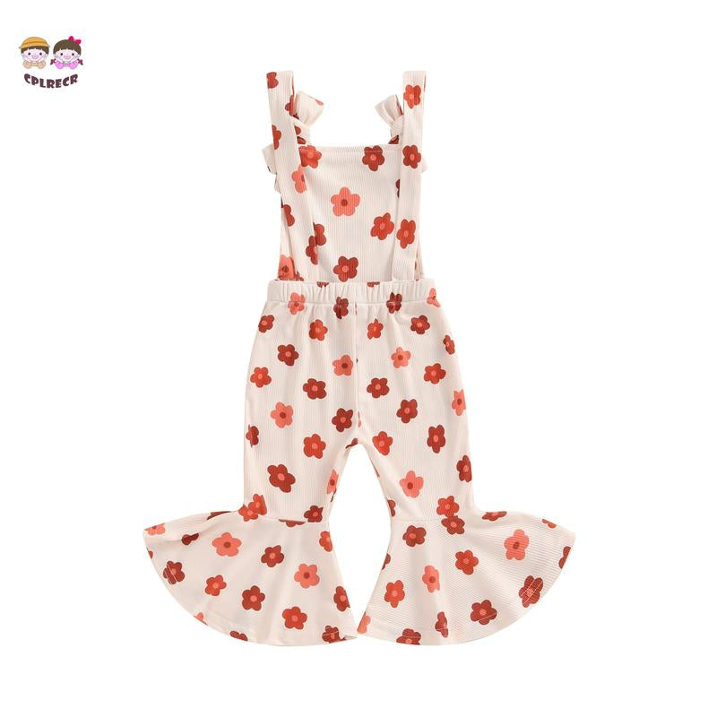 Toddler Floral Flare Leg Jumpsuit Baby Girl Bell Bottom Romper Strawberry Suspender Overall Kids Sleeveless Playsuit