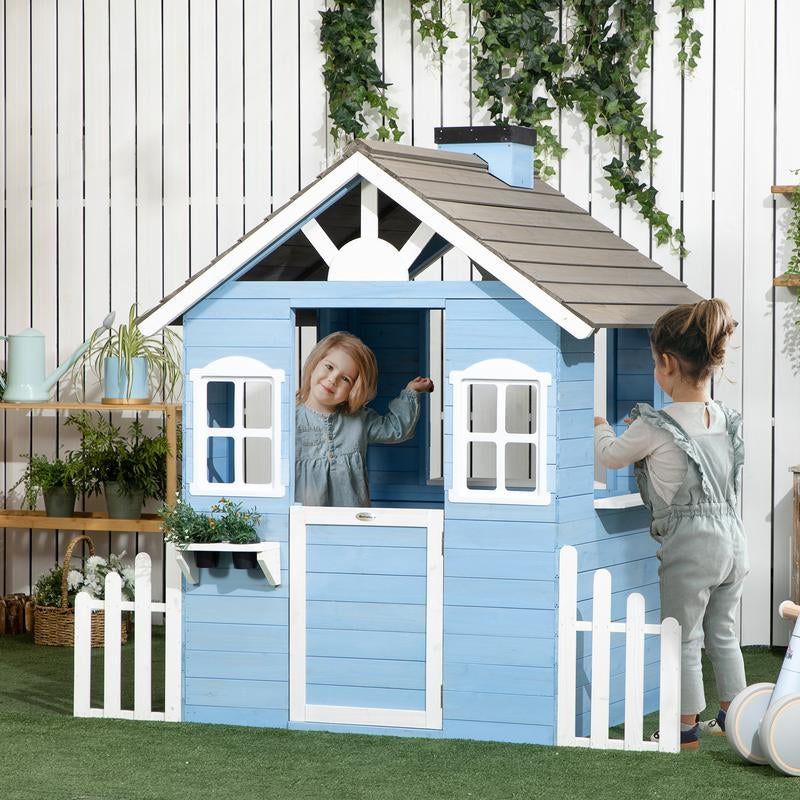 Outsunny Playhouse for Kids Outdoor, Country Style Wooden Playhouse with Flower Pot Holders, Working Door, Windows, Service Stations for 3-7 Years