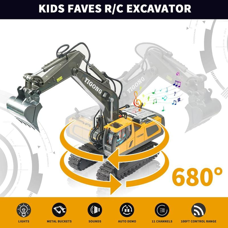 11 Channel Remote Control Excavator, RC Building Toy with Metal Shovel, Light, Sound, 2.4Ghz, Rotation 680 Degrees - Children'S Birthday Gift
