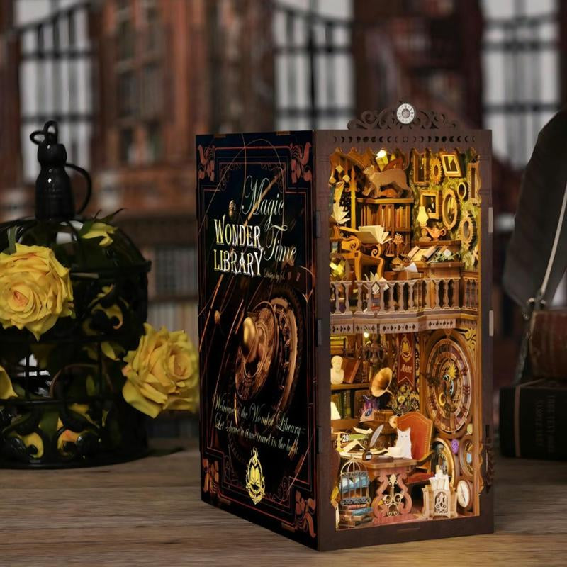DIY Wooden Miracle Library Book Corner Kit, 1 Miniature Glowing Dollhouse Puzzle, Creative Gift Weix for Friends & Family, Glue & Electric Dust Cover Included ... Wooden Book Nook Kit Woodwork