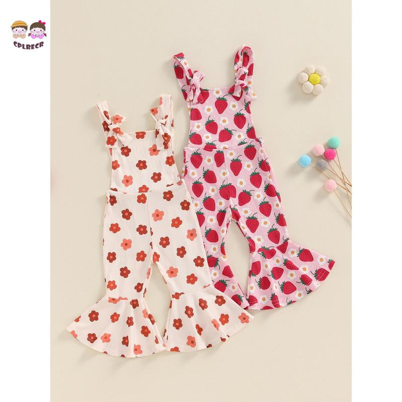 Toddler Floral Flare Leg Jumpsuit Baby Girl Bell Bottom Romper Strawberry Suspender Overall Kids Sleeveless Playsuit