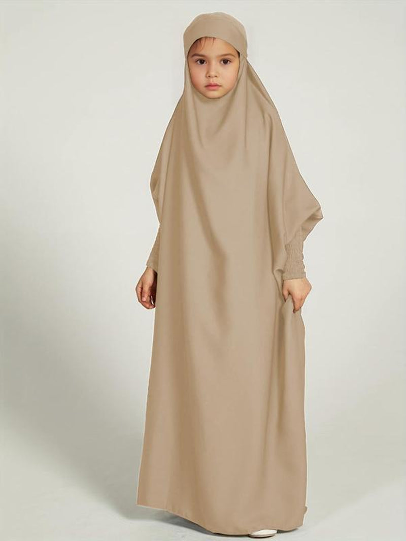 Girl'S Solid Batwing Sleeve Tie Back Hoodie Abaya Dress, Modest Outfits, Casual Long Sleeve Elastic Cuff Loose Dress for Kids, Summer Outfits 2024, Kids Clothing for Summer