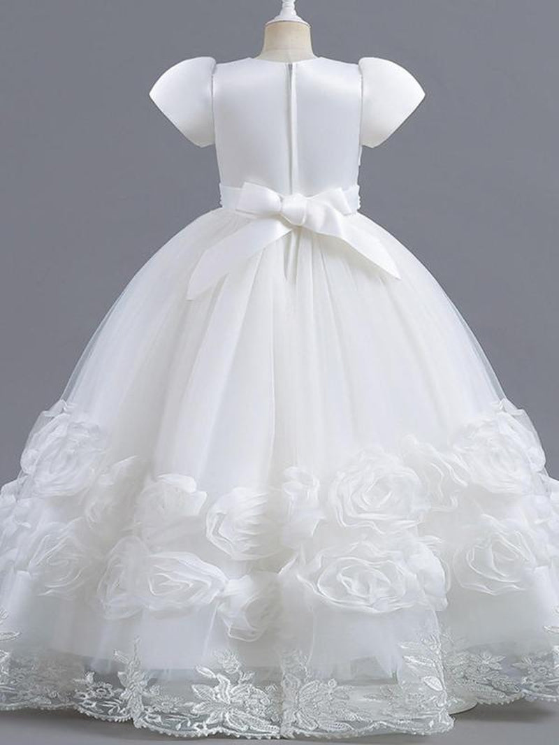 Girl'S Floral Appliques Faux Pearls Decor Bow Decor Tulle Dress, Elegant Short Sleeve round Neck a Line Dress for Party Evening, Kids Clothes for All Seasons