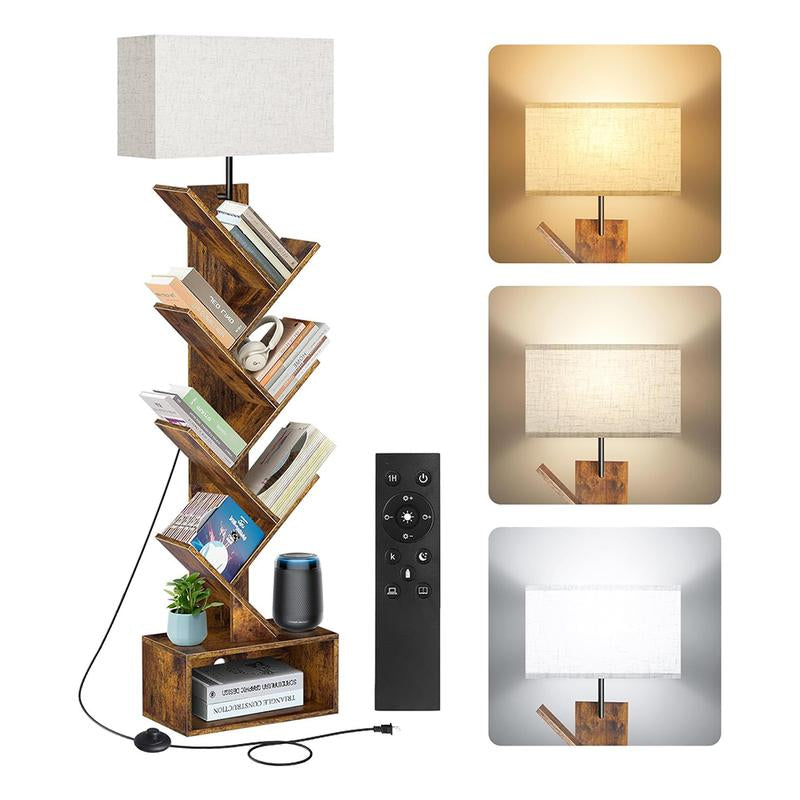 6 Tier Tree Bookshelf with Light & Remote,Narrow Bookcase Tower for Books/Cds/Movies, with Storage Cabinet for Living Room, Bedroom &Office Modern Design