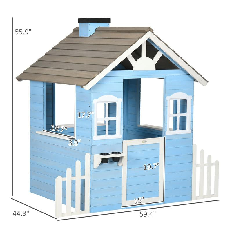 Outsunny Playhouse for Kids Outdoor, Country Style Wooden Playhouse with Flower Pot Holders, Working Door, Windows, Service Stations for 3-7 Years