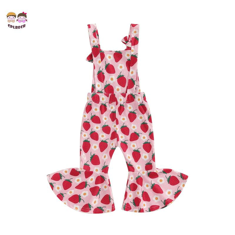 Toddler Floral Flare Leg Jumpsuit Baby Girl Bell Bottom Romper Strawberry Suspender Overall Kids Sleeveless Playsuit