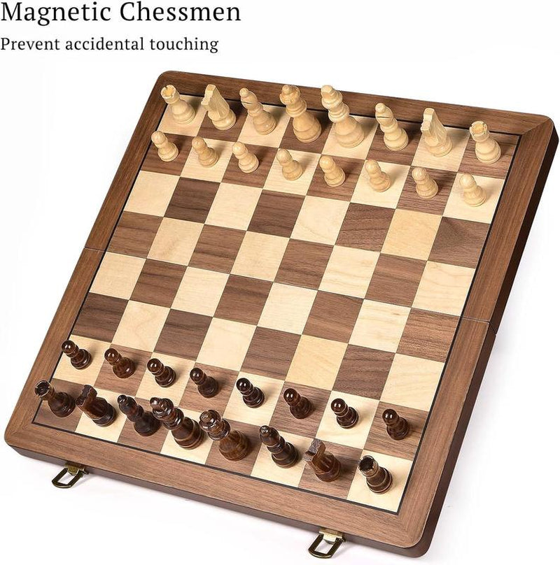 15" Wooden Chess Set with Magnetic Pieces - Extra Queens - Folding Chessboard Portable Travel Tournament Chess Board Games for Adults Kids