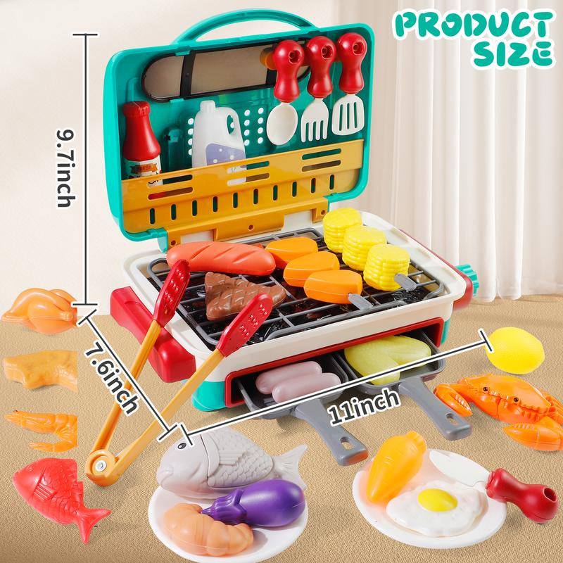 Kids BBQ Grill Toy Set with Smoke & Light, Interactive Barbecue Cooking Playset for Toddlers 3-5, Includes Hamburger, Sound Effects & Food Accessories