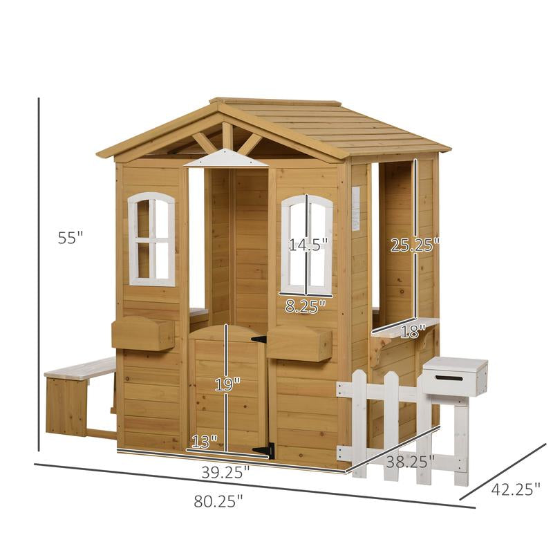 Outsunny Playhouse for Kids Outdoor, Country Style Wooden Playhouse with Flower Pot Holders, Working Door, Windows, Service Stations for 3-7 Years