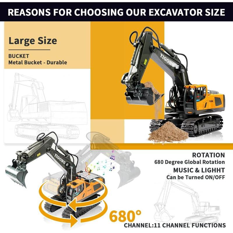 11 Channel Remote Control Excavator, RC Building Toy with Metal Shovel, Light, Sound, 2.4Ghz, Rotation 680 Degrees - Children'S Birthday Gift