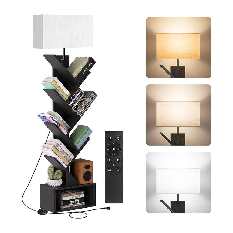 6 Tier Tree Bookshelf with Light & Remote,Narrow Bookcase Tower for Books/Cds/Movies, with Storage Cabinet for Living Room, Bedroom &Office Modern Design