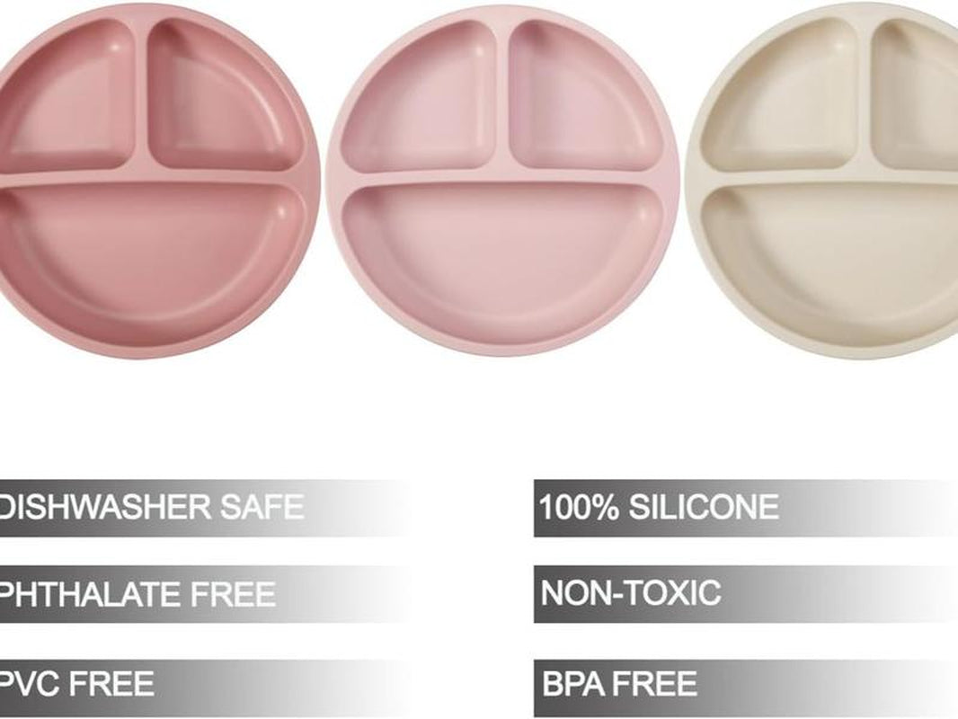 3 Pack Toddler Plates, Silicone Divided Suction Plate, Bpa-Free 100% Food-Grade Silicone Unbreakable Plate (Pink/Linen/Light Pink)