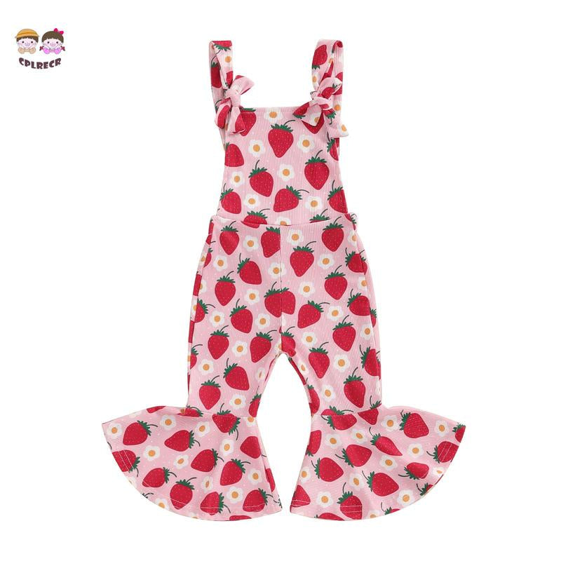 Toddler Floral Flare Leg Jumpsuit Baby Girl Bell Bottom Romper Strawberry Suspender Overall Kids Sleeveless Playsuit