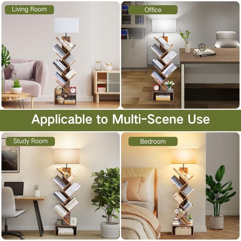 6 Tier Tree Bookshelf with Light & Remote,Narrow Bookcase Tower for Books/Cds/Movies, with Storage Cabinet for Living Room, Bedroom &Office Modern Design
