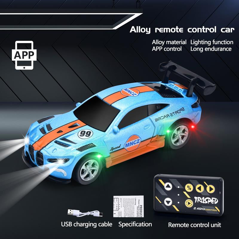 Hotfree 1/64 Mini RC Drift Car, Alloy M4 Racing Car with Trailer, 2.4Ghz Remote & APP Control, 3-Speed Modes, LED Lights, USB-C Charging, Indoor & Outdoor Toy, Birthday Christmas Gift for Kids & Adults Springtok