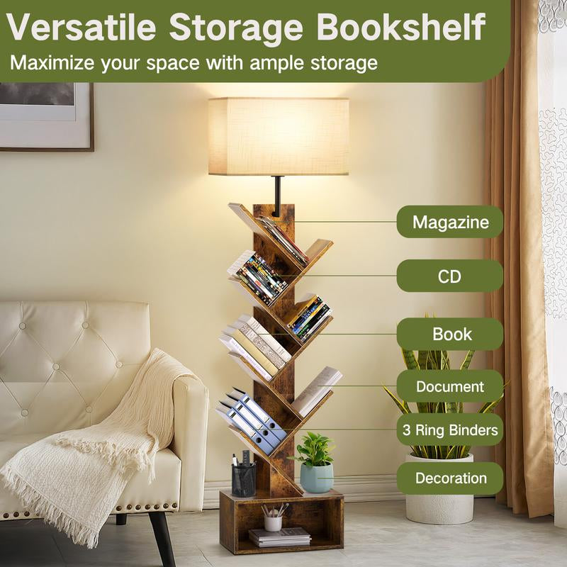 6 Tier Tree Bookshelf with Light & Remote,Narrow Bookcase Tower for Books/Cds/Movies, with Storage Cabinet for Living Room, Bedroom &Office Modern Design