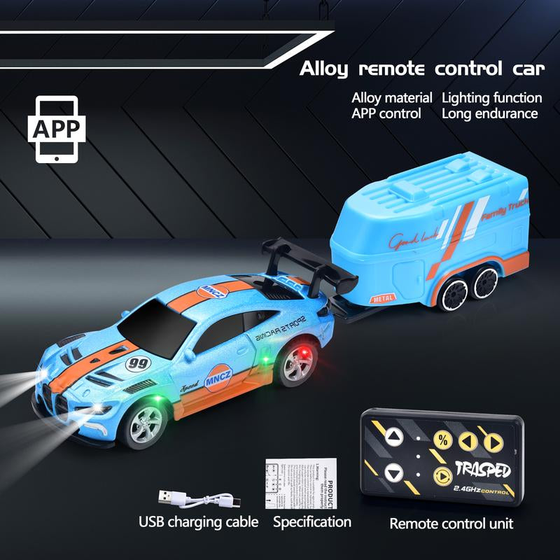 Hotfree 1/64 Mini RC Drift Car, Alloy M4 Racing Car with Trailer, 2.4Ghz Remote & APP Control, 3-Speed Modes, LED Lights, USB-C Charging, Indoor & Outdoor Toy, Birthday Christmas Gift for Kids & Adults Springtok