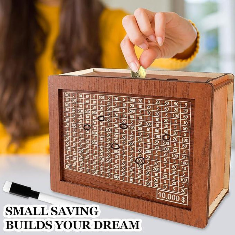 Wooden Cash Saver Money Box, Cash Vault Wooden Savings Box with Counter, Money Target, and Numbers, Perfect for $10,000/$2000 Savings Goal, Halloween, and Christmas Gifts.
