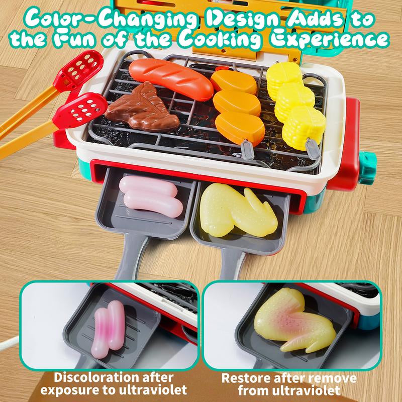Kids BBQ Grill Toy Set with Smoke & Light, Interactive Barbecue Cooking Playset for Toddlers 3-5, Includes Hamburger, Sound Effects & Food Accessories