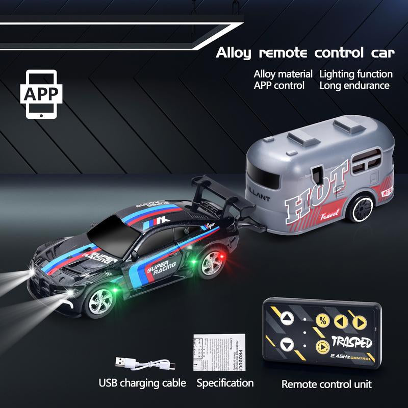 Hotfree 1/64 Mini RC Drift Car, Alloy M4 Racing Car with Trailer, 2.4Ghz Remote & APP Control, 3-Speed Modes, LED Lights, USB-C Charging, Indoor & Outdoor Toy, Birthday Christmas Gift for Kids & Adults Springtok