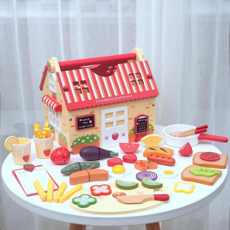 Wooden Pretend Play Food Toy, 1 Set Simulation Steak & French Fries & Vegetables & Fruit Toy, Simulate House Play Toy for Kids