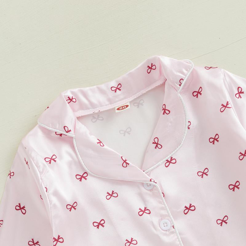 Girls 2PCS Pajama Sets Long Sleeve Lapel Push Cuff Bow Print Shirt Pants Sleepwear Toddler Baby Girl Boy Silk Satin Pajamas Set Button down Pjs Kids Long Sleeve Shirt Pants Pjs