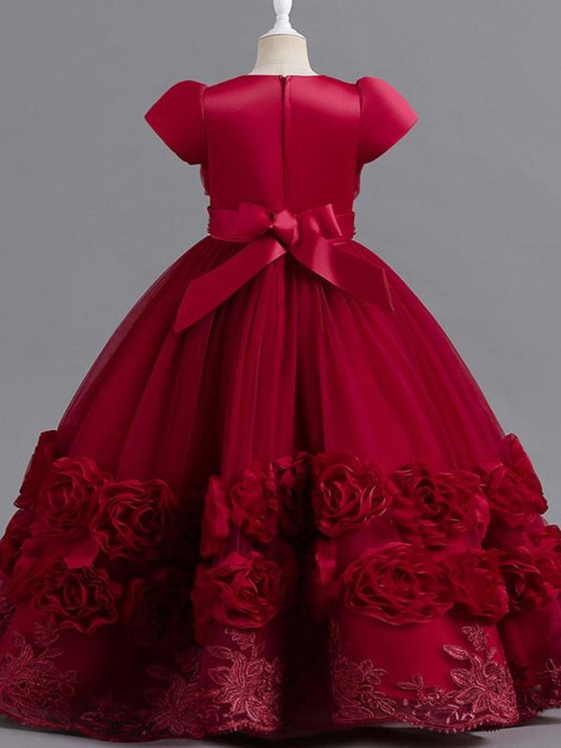 Girl'S Floral Appliques Faux Pearls Decor Bow Decor Tulle Dress, Elegant Short Sleeve round Neck a Line Dress for Party Evening, Kids Clothes for All Seasons