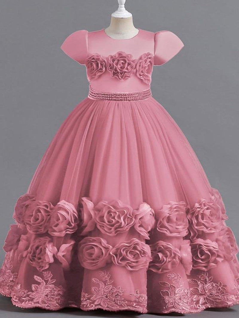 Girl'S Floral Appliques Faux Pearls Decor Bow Decor Tulle Dress, Elegant Short Sleeve round Neck a Line Dress for Party Evening, Kids Clothes for All Seasons