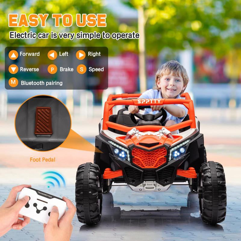 12V 24V Electric Ride Remote Car, Battery Powered Wheels Off-Road Vehicle, LED Lights, MP3 Player, Spring Suspension, Ride on Car for Kids Gift