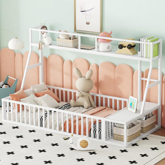 (Twin/Full) Size Floor Bed Frame with Safety Fence, Metal Floor Bed with Desk and Storage Shelves, (White/Black )