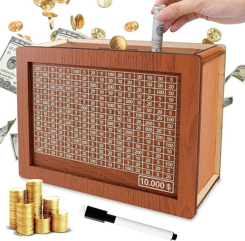 Wooden Cash Saver Money Box, Cash Vault Wooden Savings Box with Counter, Money Target, and Numbers, Perfect for $10,000/$2000 Savings Goal, Halloween, and Christmas Gifts.