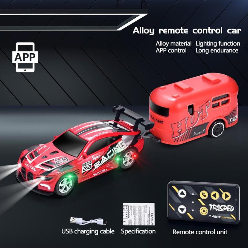 Hotfree 1/64 Mini RC Drift Car, Alloy M4 Racing Car with Trailer, 2.4Ghz Remote & APP Control, 3-Speed Modes, LED Lights, USB-C Charging, Indoor & Outdoor Toy, Birthday Christmas Gift for Kids & Adults Springtok