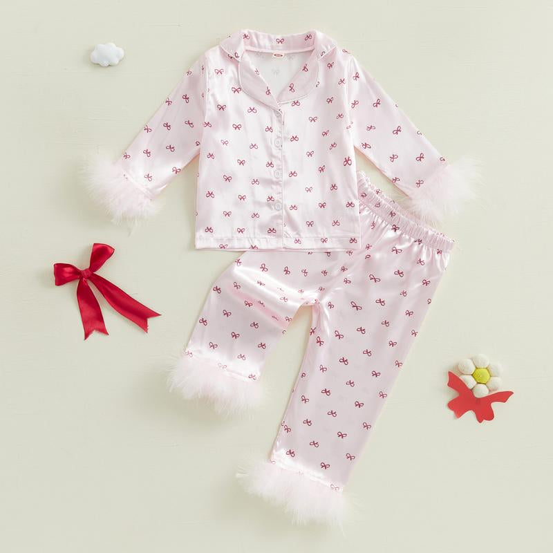 Girls 2PCS Pajama Sets Long Sleeve Lapel Push Cuff Bow Print Shirt Pants Sleepwear Toddler Baby Girl Boy Silk Satin Pajamas Set Button down Pjs Kids Long Sleeve Shirt Pants Pjs