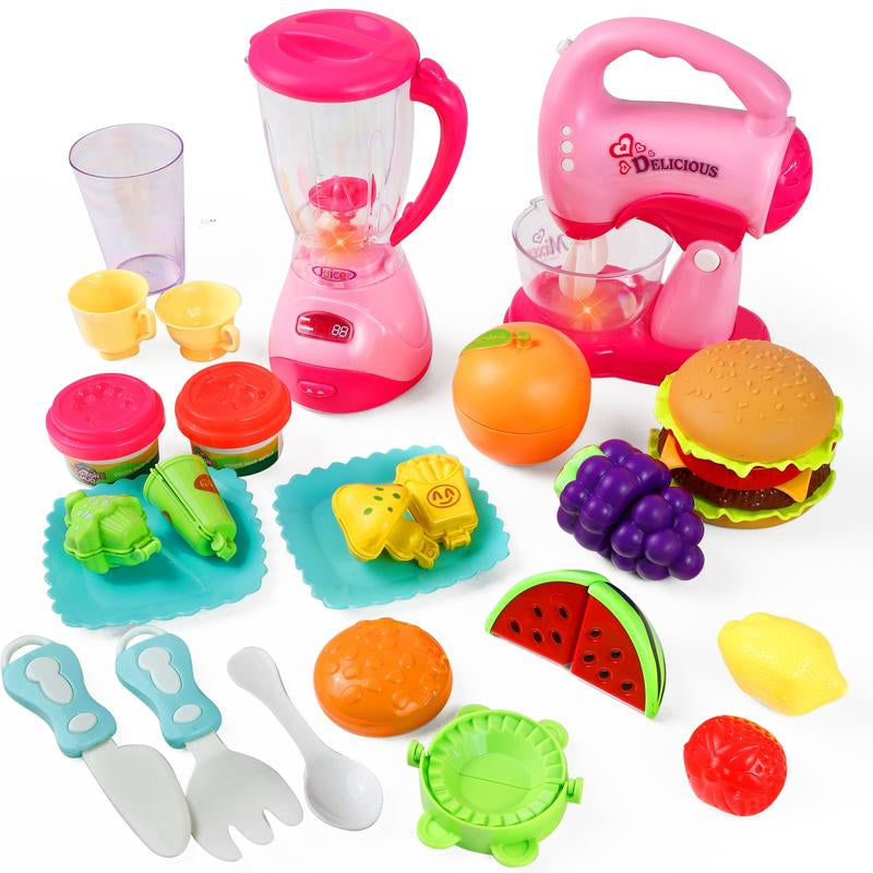 Kids Kitchen Home Appliance Toy Set for Girls, Includes Juicer, Vacuum Cleaner, Washing Machine, Sewing Machine, Iron, Refrigerator, Oven, and Mixer