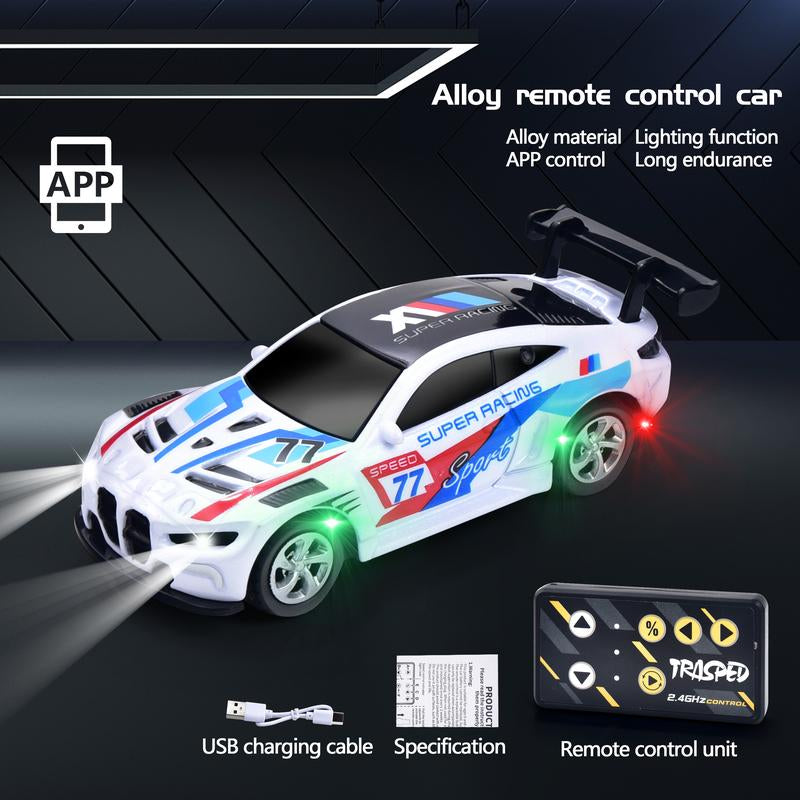 Hotfree 1/64 Mini RC Drift Car, Alloy M4 Racing Car with Trailer, 2.4Ghz Remote & APP Control, 3-Speed Modes, LED Lights, USB-C Charging, Indoor & Outdoor Toy, Birthday Christmas Gift for Kids & Adults Springtok
