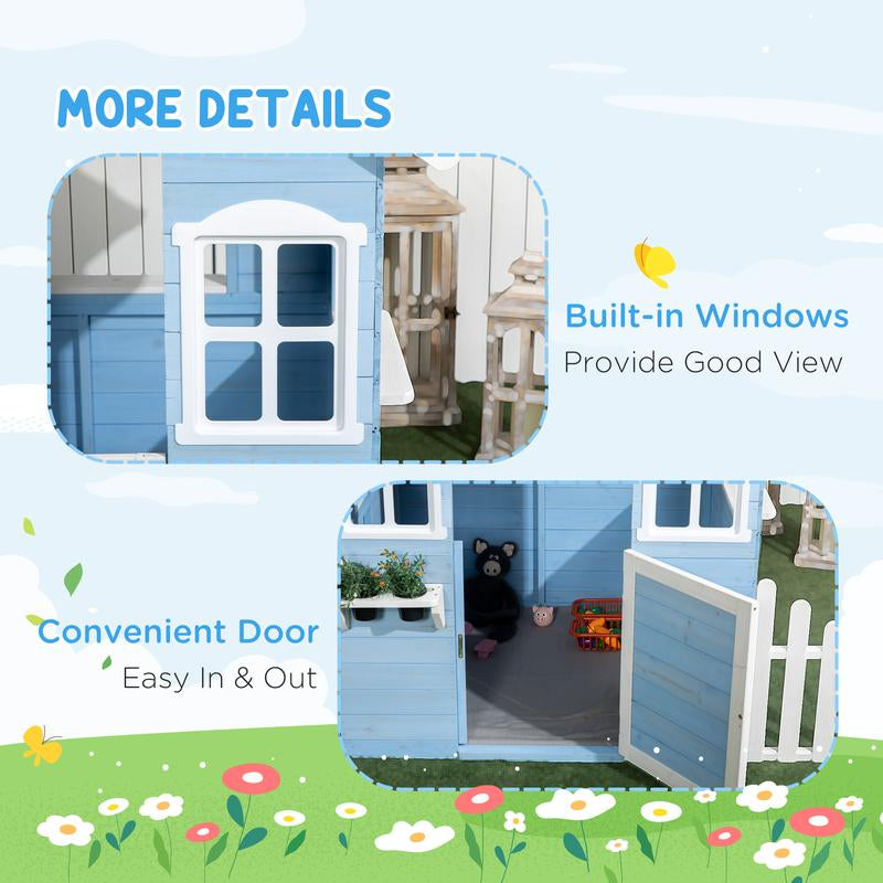 Outsunny Playhouse for Kids Outdoor, Country Style Wooden Playhouse with Flower Pot Holders, Working Door, Windows, Service Stations for 3-7 Years