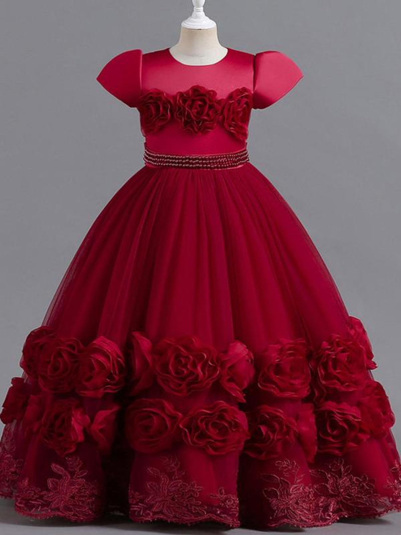 Girl'S Floral Appliques Faux Pearls Decor Bow Decor Tulle Dress, Elegant Short Sleeve round Neck a Line Dress for Party Evening, Kids Clothes for All Seasons