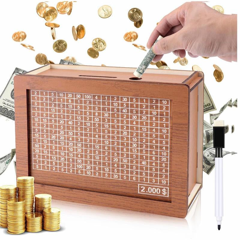 Wooden Cash Saver Money Box, Cash Vault Wooden Savings Box with Counter, Money Target, and Numbers, Perfect for $10,000/$2000 Savings Goal, Halloween, and Christmas Gifts.